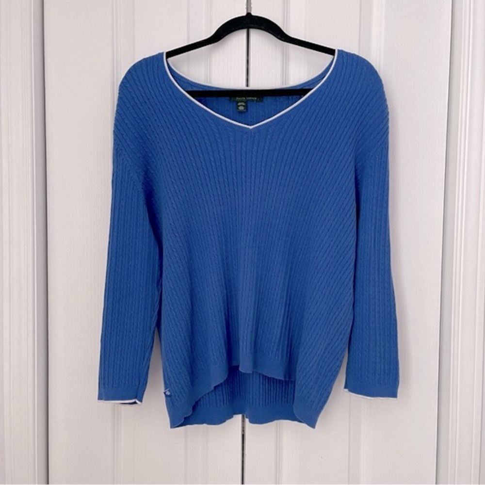 RALPH LAUREN Blue Cerulean Periwinkle 100% Cotton V-neck Sweater